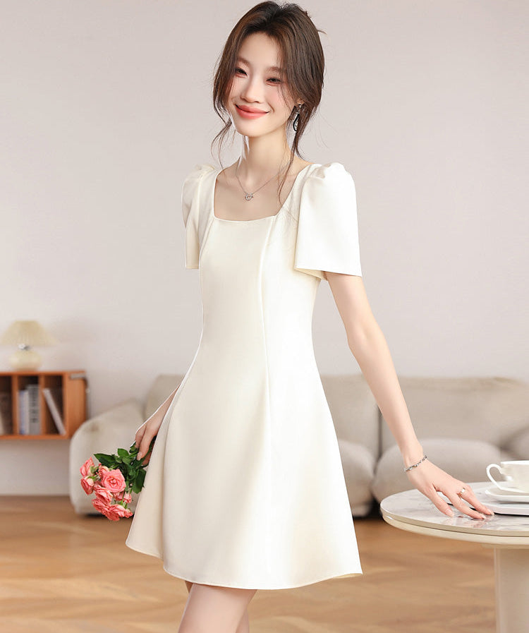 Vintage Pearl Puff-Sleeve Dress