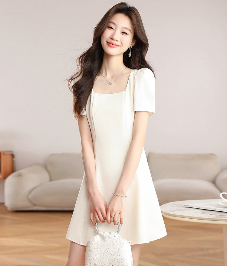 Vintage Pearl Puff-Sleeve Dress