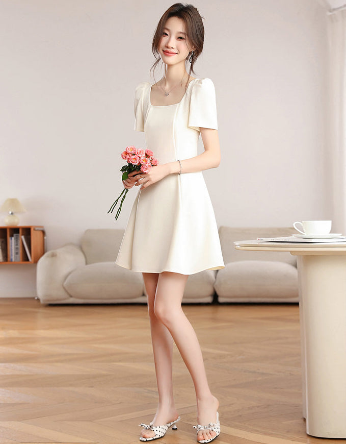 Vintage Pearl Puff-Sleeve Dress
