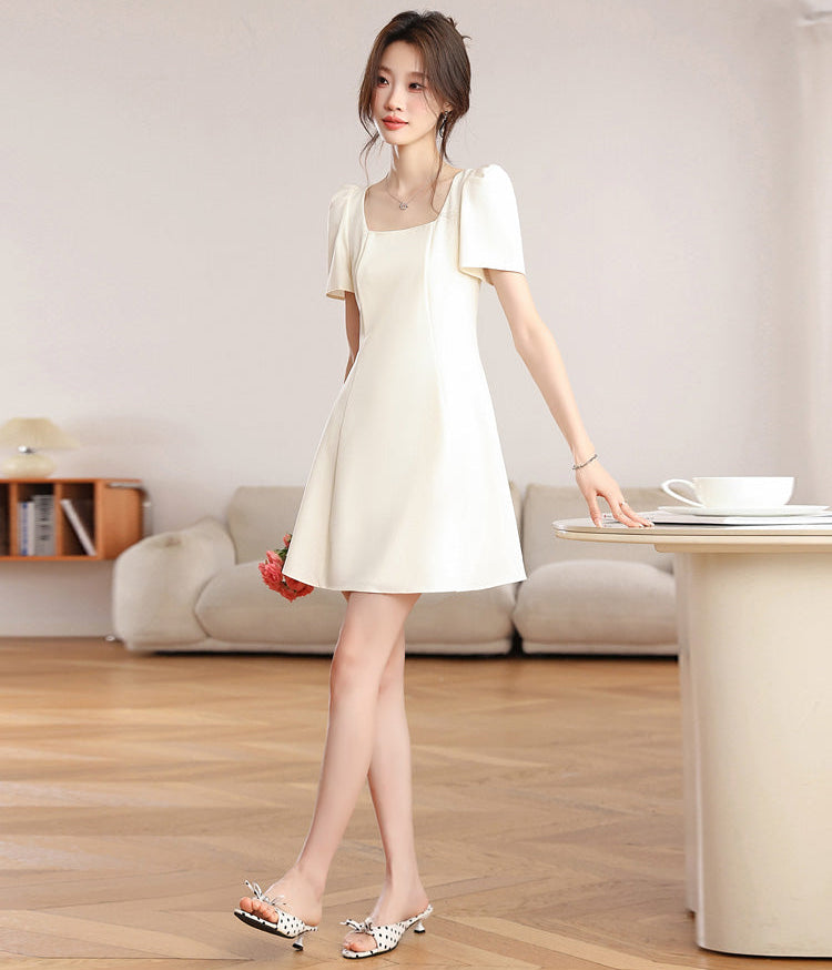 Vintage Pearl Puff-Sleeve Dress