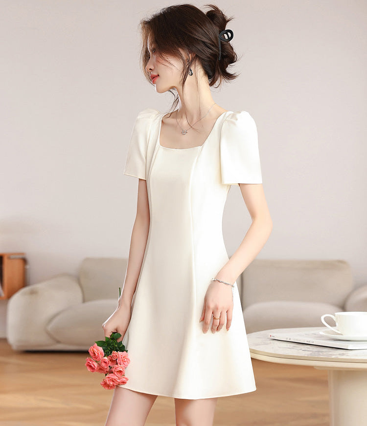 Vintage Pearl Puff-Sleeve Dress