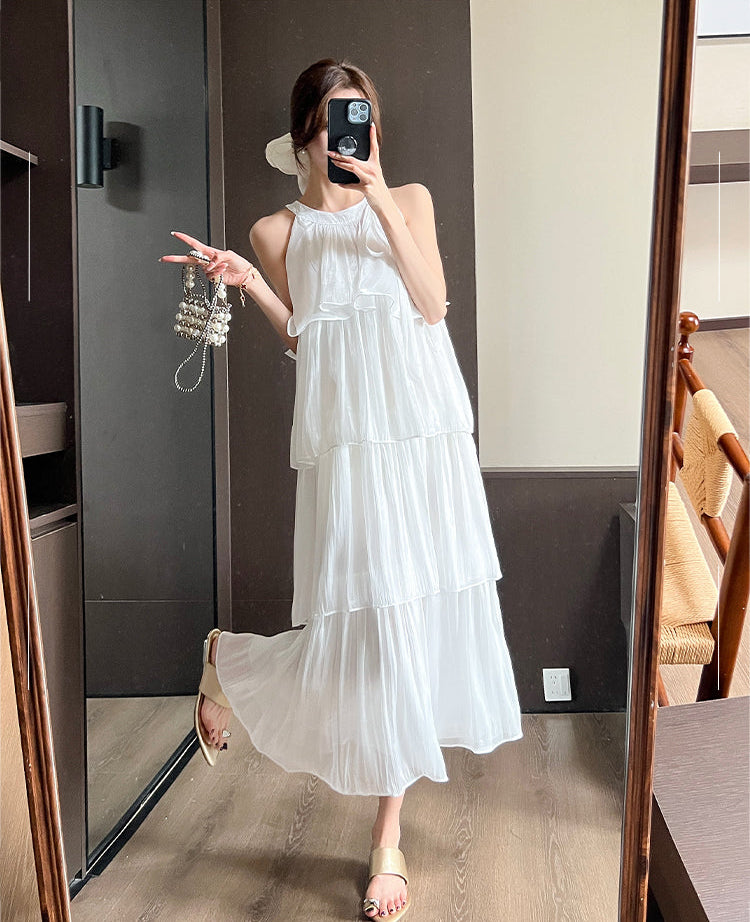 French-style halter neck dress-Pleated Flowy Summer Sundress