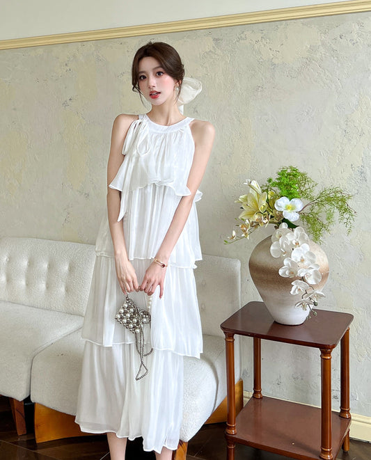 French-style halter neck dress-Pleated Flowy Summer Sundress