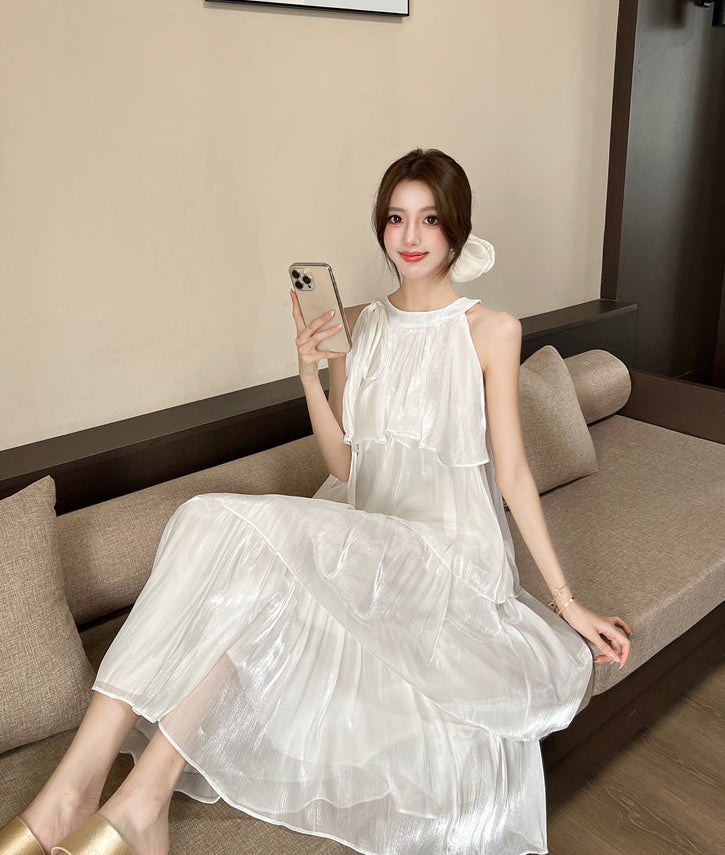 French-style halter neck dress-Pleated Flowy Summer Sundress