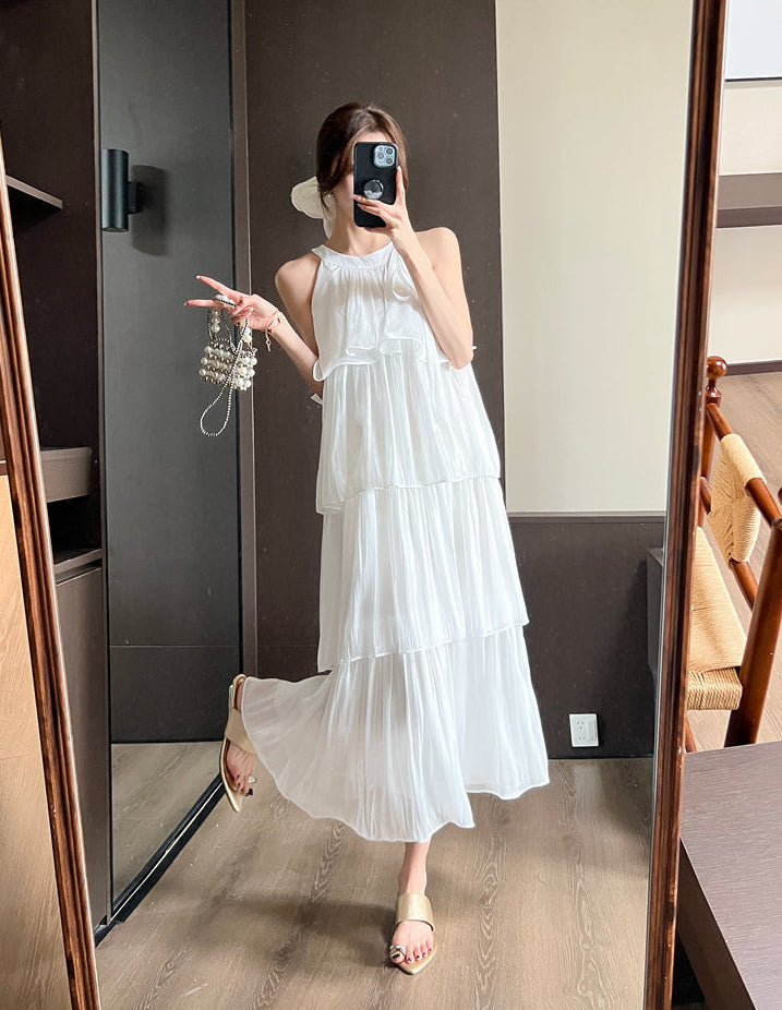 French-style halter neck dress-Pleated Flowy Summer Sundress