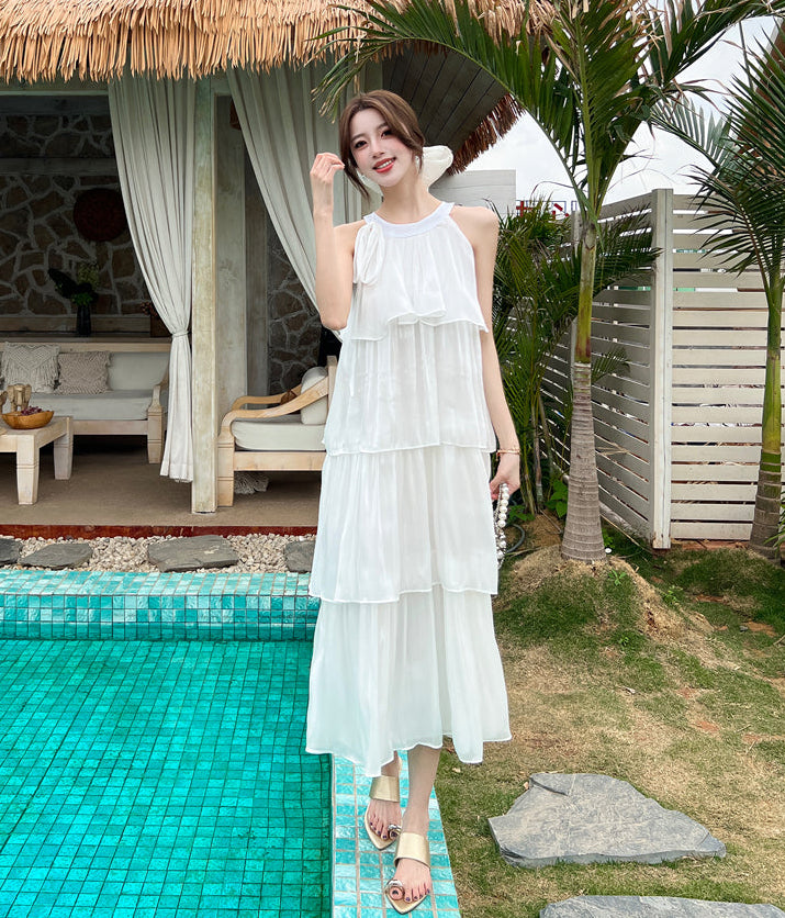French-style halter neck dress-Pleated Flowy Summer Sundress