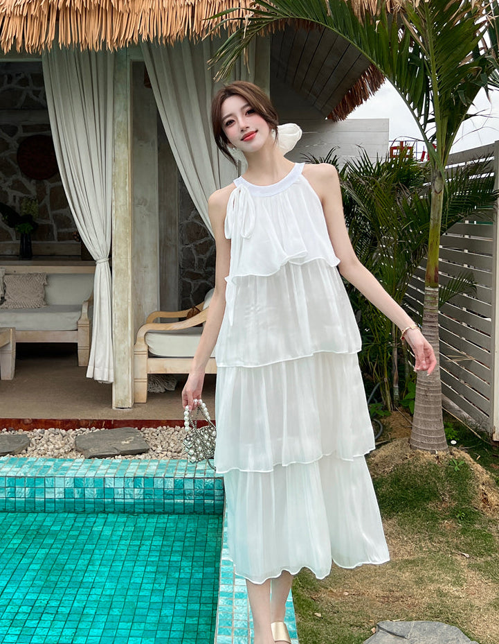 French-style halter neck dress-Pleated Flowy Summer Sundress