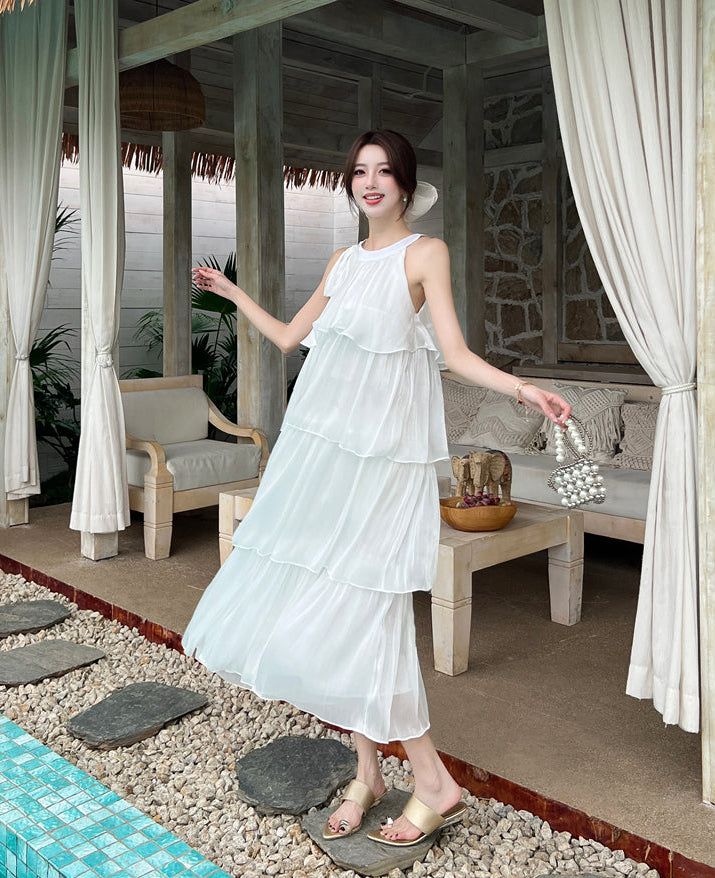 French-style halter neck dress-Pleated Flowy Summer Sundress