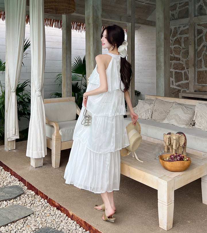 French-style halter neck dress-Pleated Flowy Summer Sundress