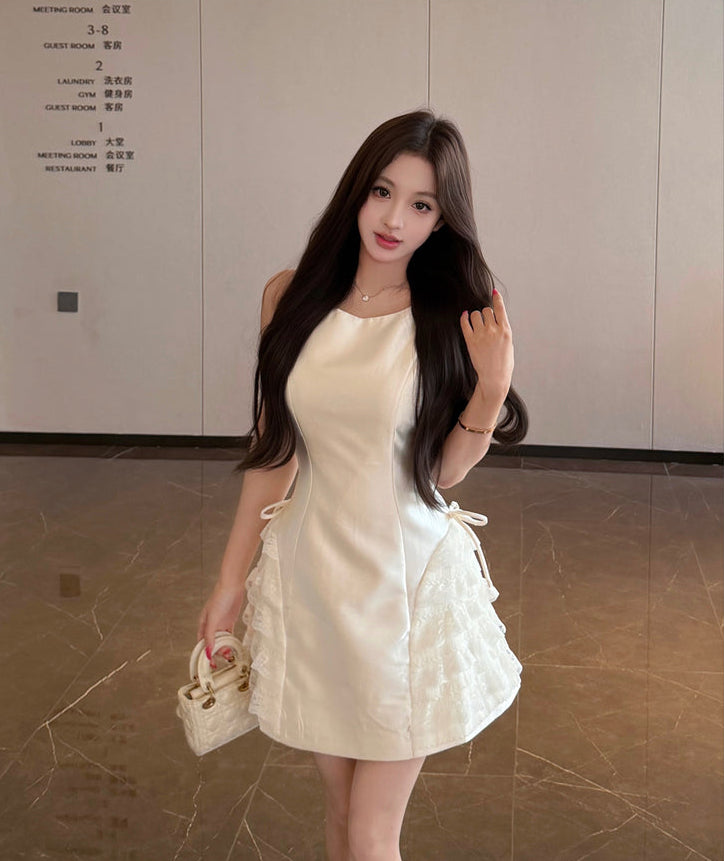 Cloud White Coquette Lace-Panel Mini Dress