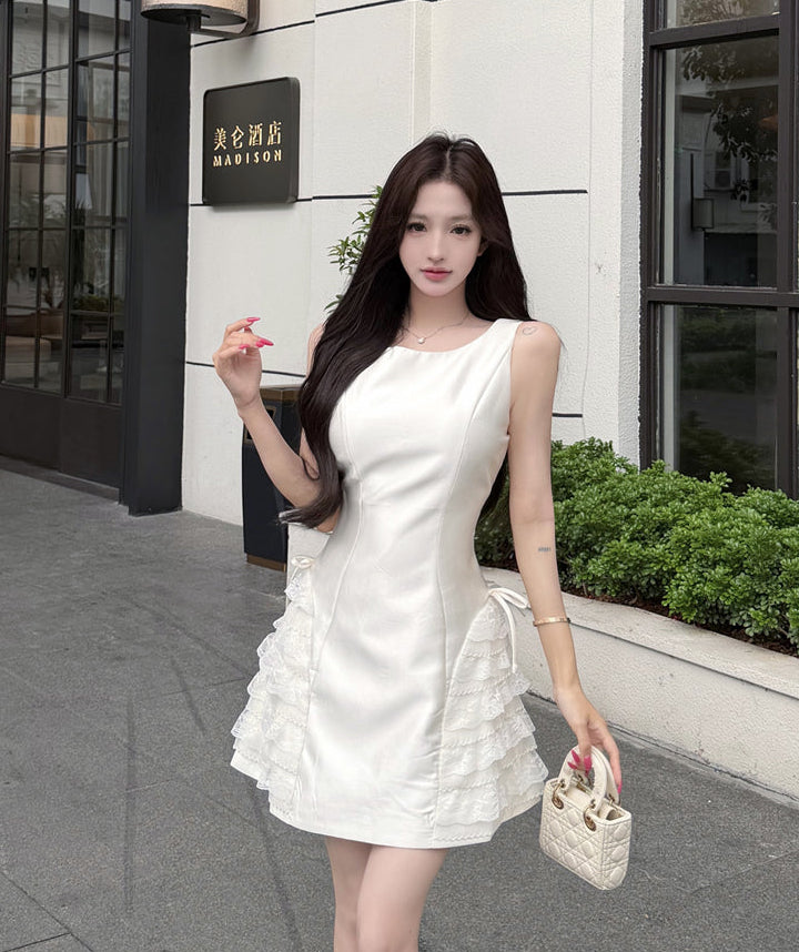 Cloud White Coquette Lace-Panel Mini Dress