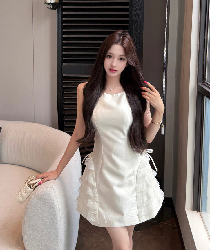 Cloud White Coquette Lace-Panel Mini Dress