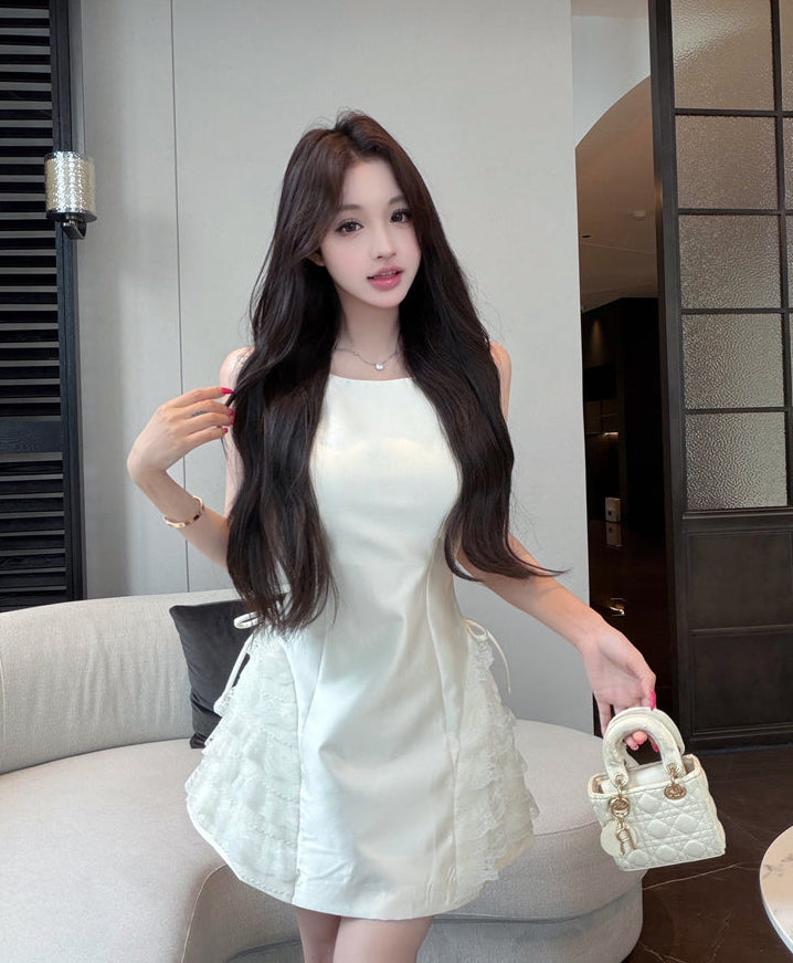 Cloud White Coquette Lace-Panel Mini Dress