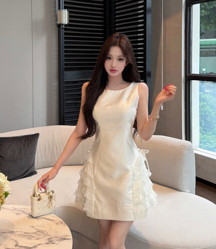 Cloud White Coquette Lace-Panel Mini Dress