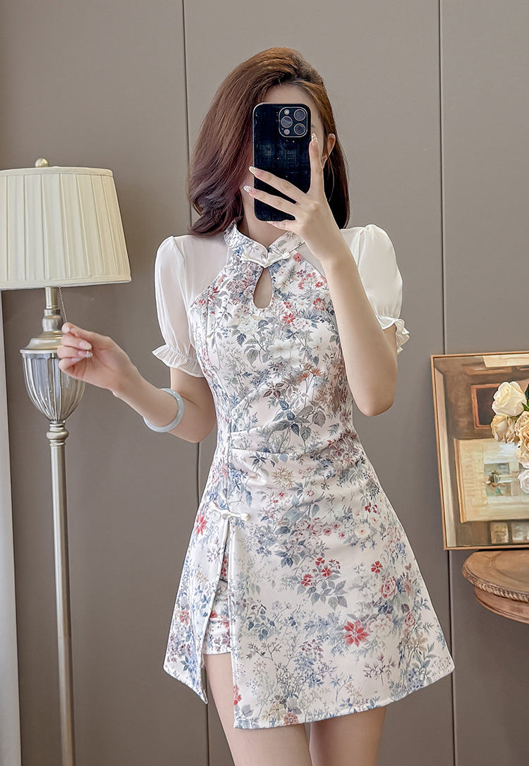 Willow Puff-Sleeve Cheongsam Skort Dress