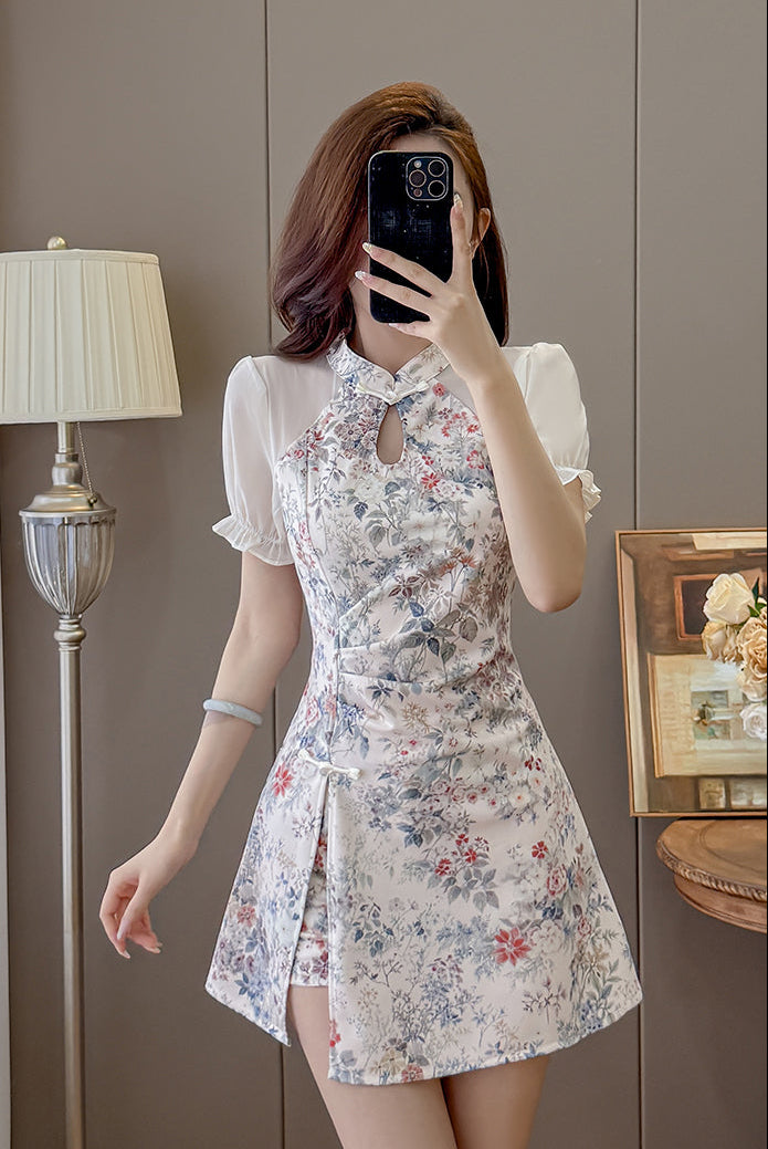 Willow Puff-Sleeve Cheongsam Skort Dress