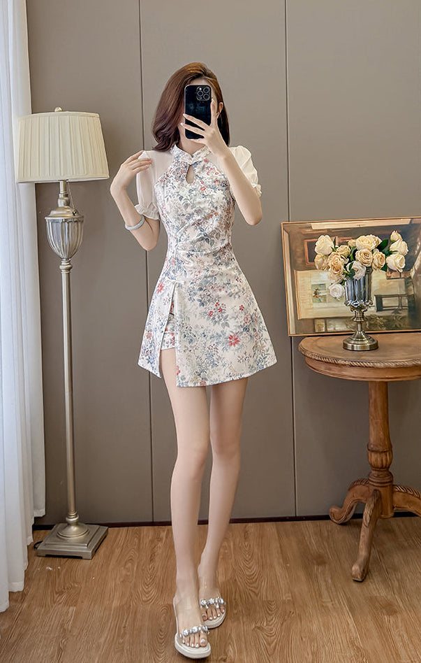 Willow Puff-Sleeve Cheongsam Skort Dress