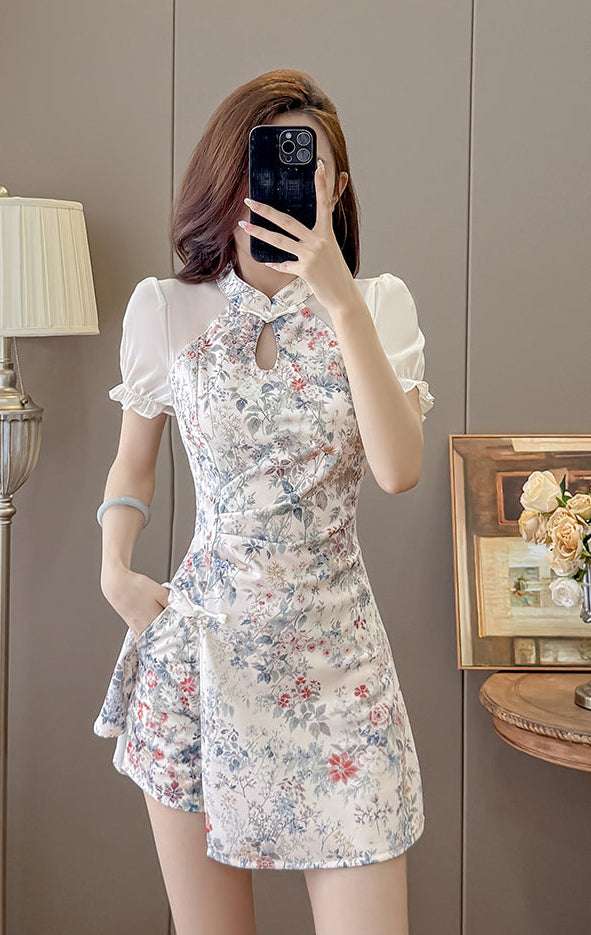 Willow Puff-Sleeve Cheongsam Skort Dress