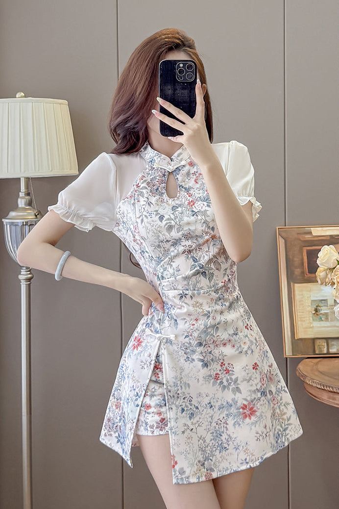 Willow Puff-Sleeve Cheongsam Skort Dress