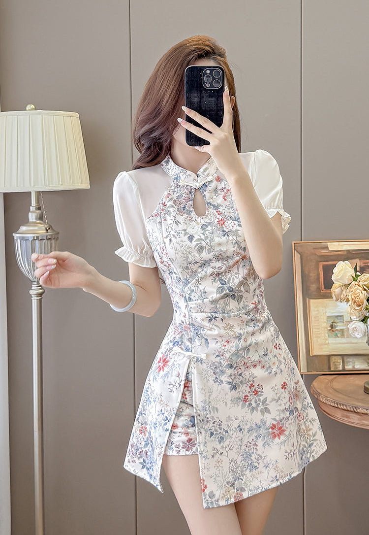Willow Puff-Sleeve Cheongsam Skort Dress
