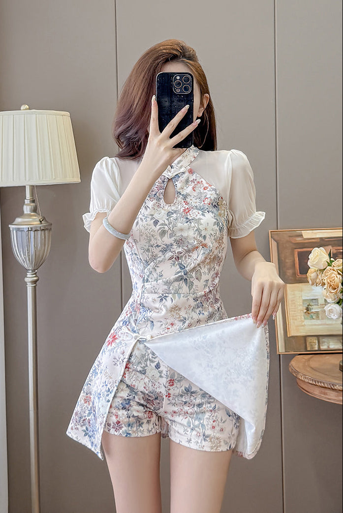Willow Puff-Sleeve Cheongsam Skort Dress