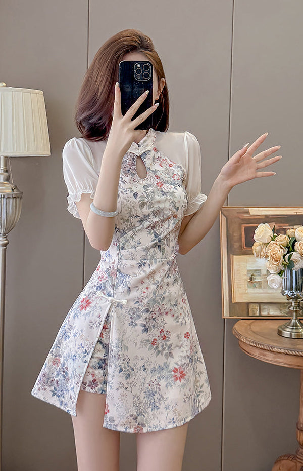 Willow Puff-Sleeve Cheongsam Skort Dress