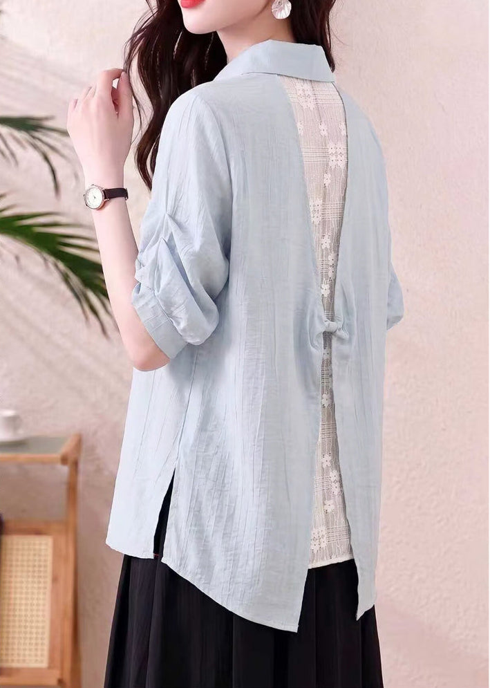 Women's Casual Pastel Collared Blouse - Ruched Sleeve Shirt with Lace Flower Pocket