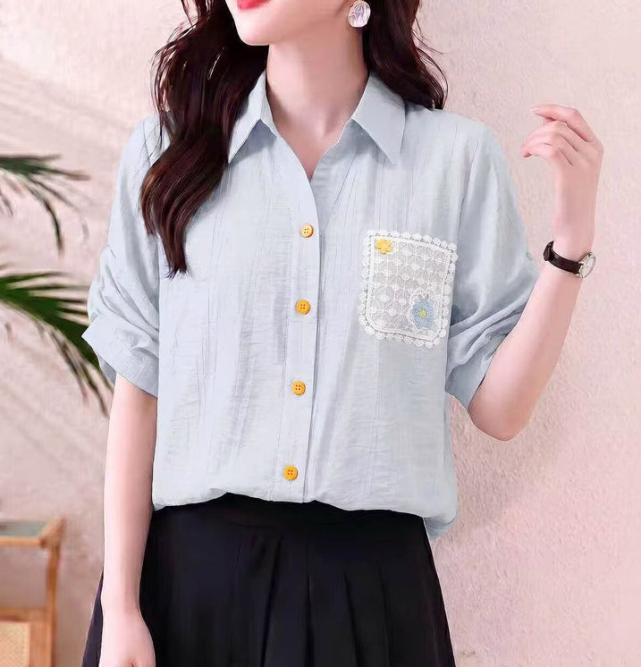 Women's Casual Pastel Collared Blouse - Ruched Sleeve Shirt with Lace Flower Pocket