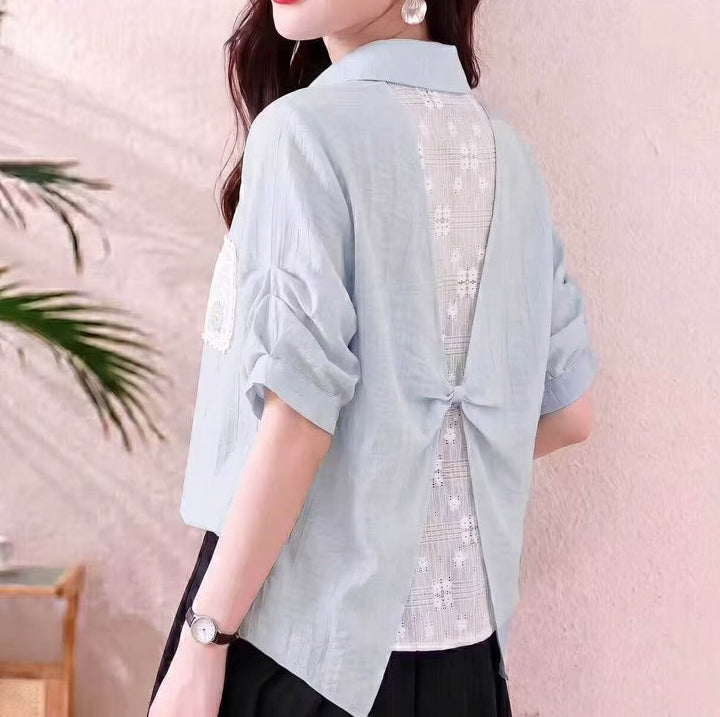 Women's Casual Pastel Collared Blouse - Ruched Sleeve Shirt with Lace Flower Pocket