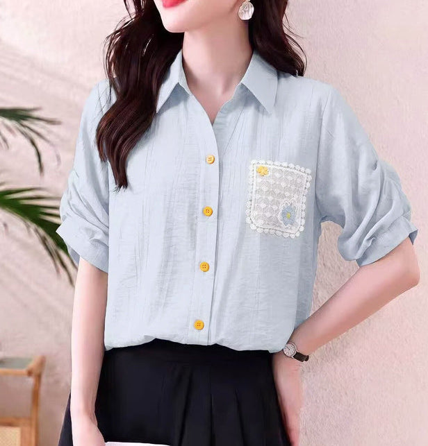 Women's Casual Pastel Collared Blouse - Ruched Sleeve Shirt with Lace Flower Pocket