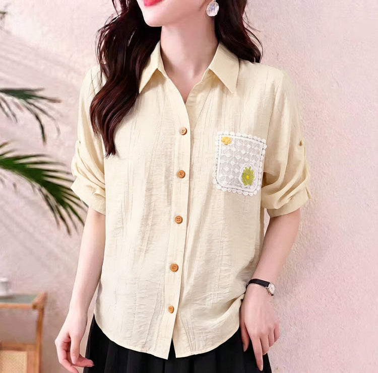 Women's Casual Pastel Collared Blouse - Ruched Sleeve Shirt with Lace Flower Pocket