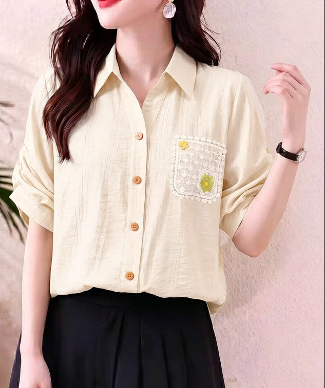 Women's Casual Pastel Collared Blouse - Ruched Sleeve Shirt with Lace Flower Pocket