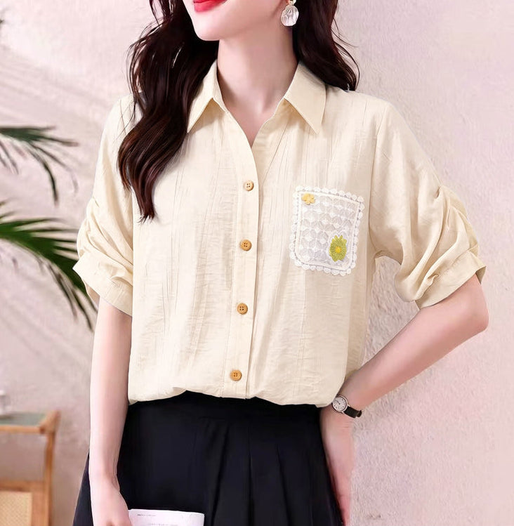 Women's Casual Pastel Collared Blouse - Ruched Sleeve Shirt with Lace Flower Pocket