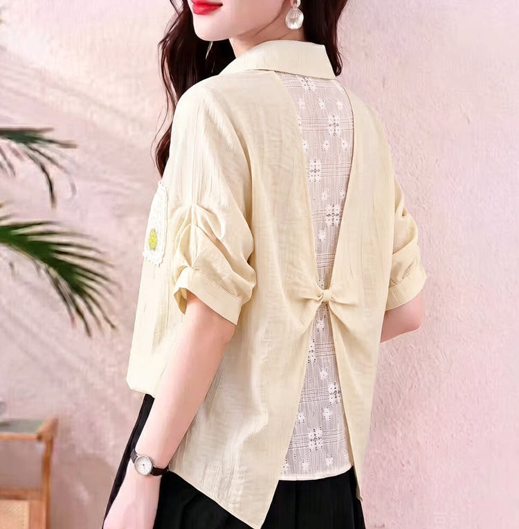 Women's Casual Pastel Collared Blouse - Ruched Sleeve Shirt with Lace Flower Pocket