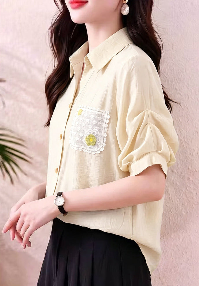 Women's Casual Pastel Collared Blouse - Ruched Sleeve Shirt with Lace Flower Pocket