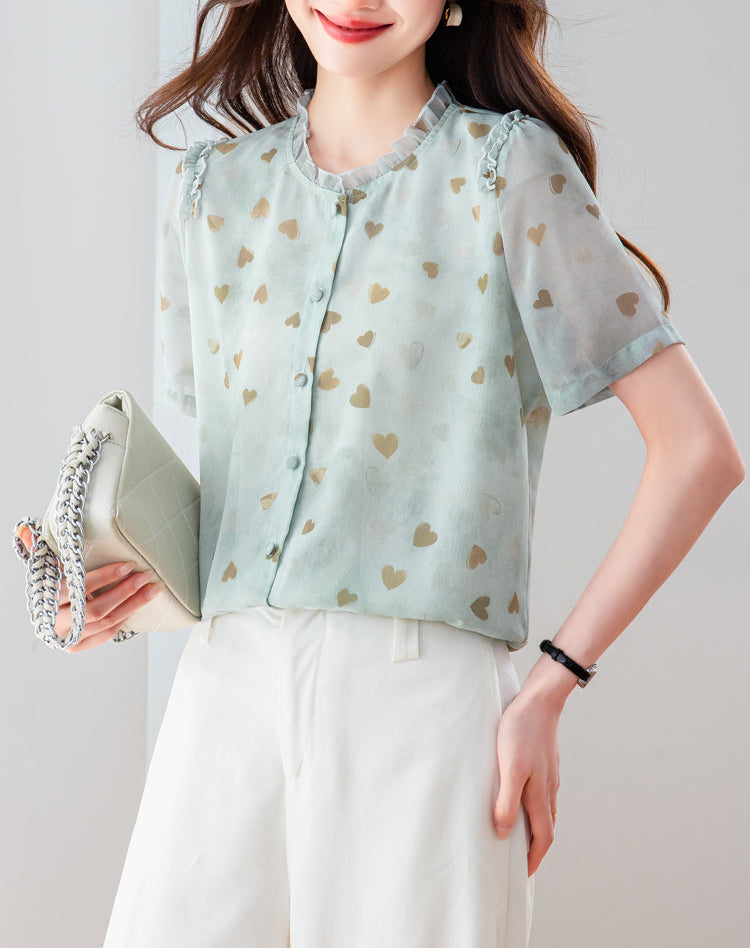 Elegant Sheer Heart Pattern Tunic - Short Sleeve Ruffle Neck Blouse for Women