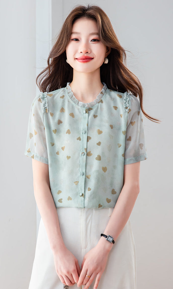 Elegant Sheer Heart Pattern Tunic - Short Sleeve Ruffle Neck Blouse for Women