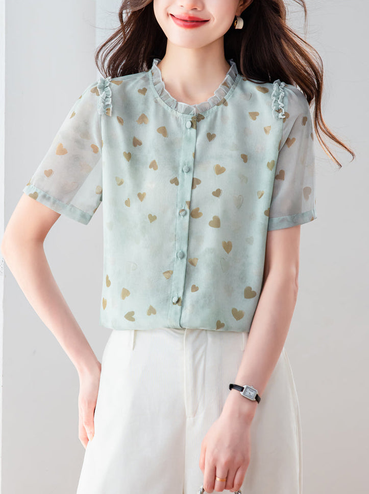 Elegant Sheer Heart Pattern Tunic - Short Sleeve Ruffle Neck Blouse for Women
