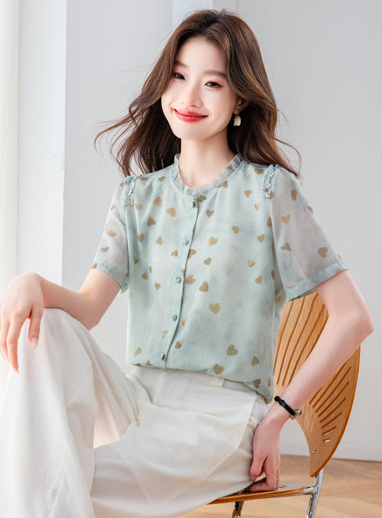 Elegant Sheer Heart Pattern Tunic - Short Sleeve Ruffle Neck Blouse for Women