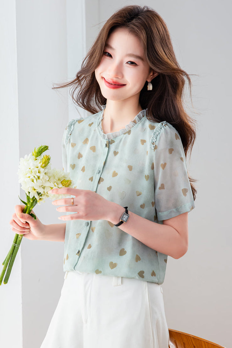 Elegant Sheer Heart Pattern Tunic - Short Sleeve Ruffle Neck Blouse for Women