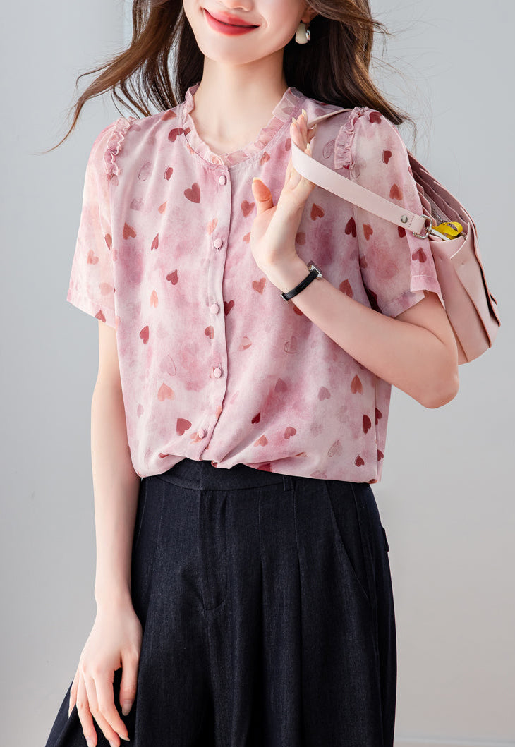 Elegant Sheer Heart Pattern Tunic - Short Sleeve Ruffle Neck Blouse for Women