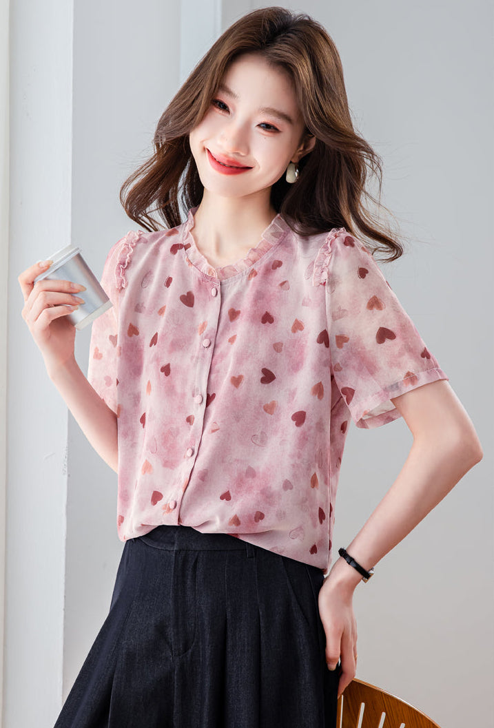 Elegant Sheer Heart Pattern Tunic - Short Sleeve Ruffle Neck Blouse for Women