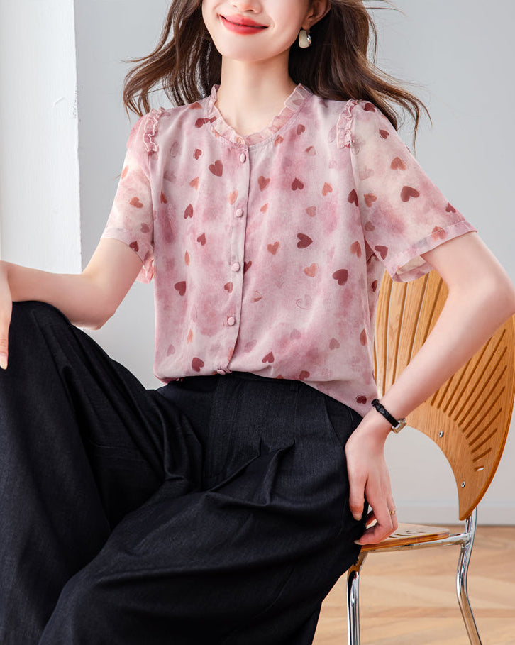 Elegant Sheer Heart Pattern Tunic - Short Sleeve Ruffle Neck Blouse for Women