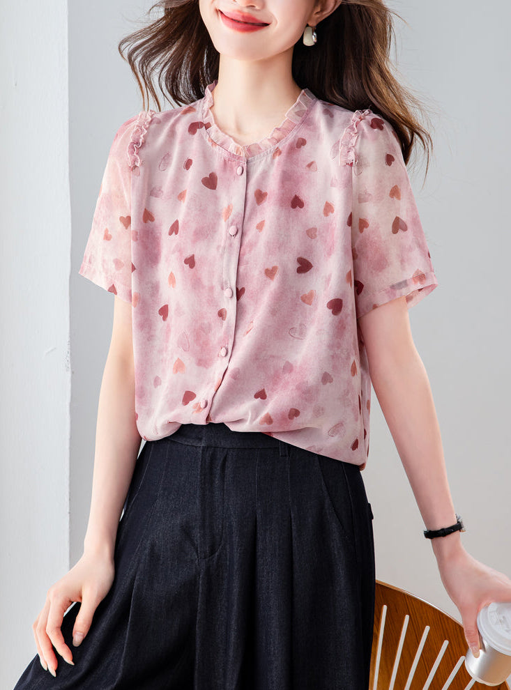 Elegant Sheer Heart Pattern Tunic - Short Sleeve Ruffle Neck Blouse for Women