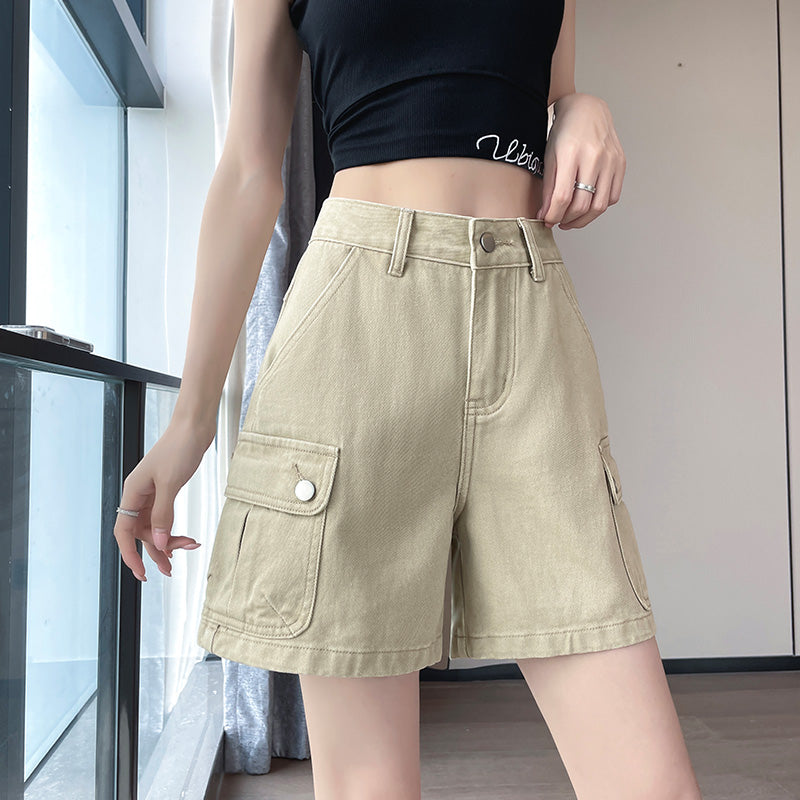 Women's High-Waist Cargo Denim Shorts – Loose Fit A-Line Utility Shorts with Side Pockets