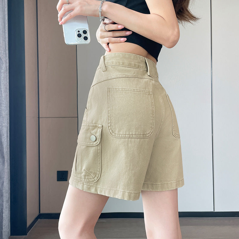Women's High-Waist Cargo Denim Shorts – Loose Fit A-Line Utility Shorts with Side Pockets