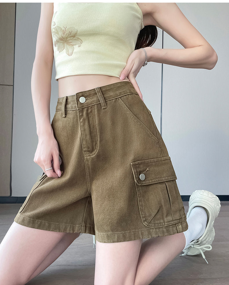 Women's High-Waist Cargo Denim Shorts – Loose Fit A-Line Utility Shorts with Side Pockets