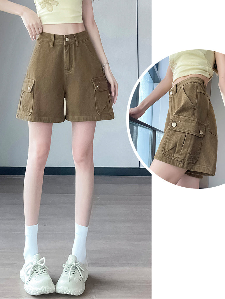 Women's High-Waist Cargo Denim Shorts – Loose Fit A-Line Utility Shorts with Side Pockets