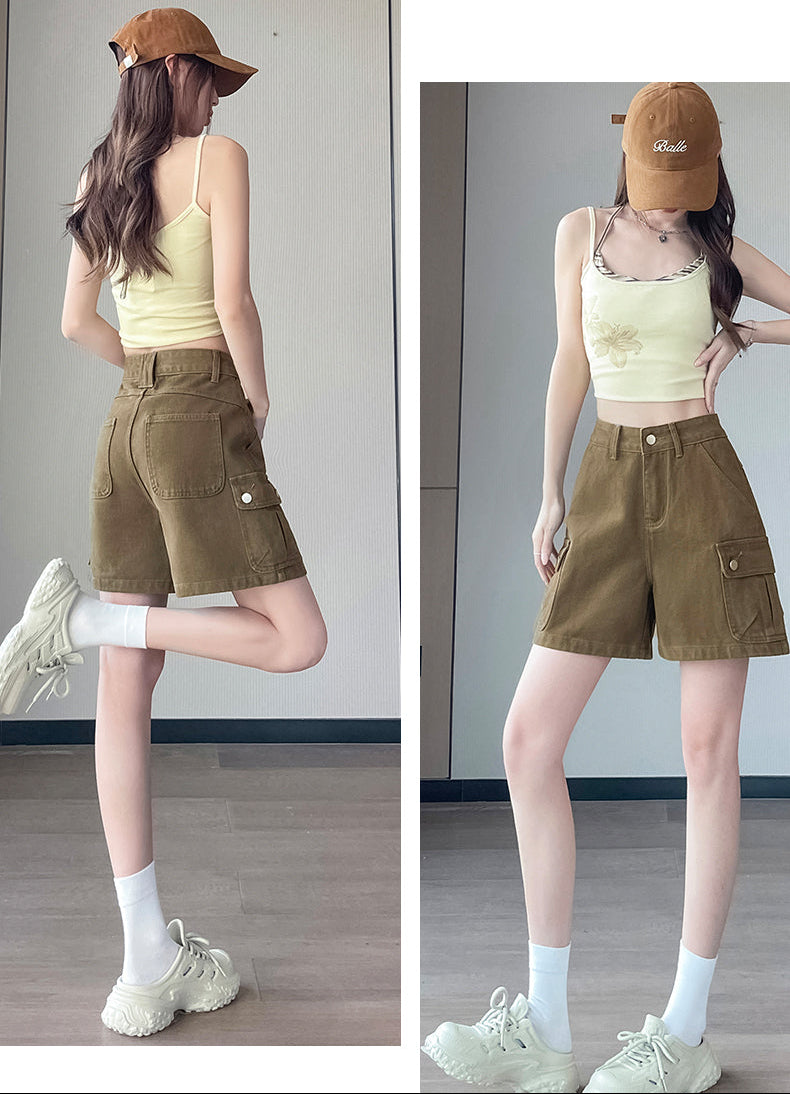 Women's High-Waist Cargo Denim Shorts – Loose Fit A-Line Utility Shorts with Side Pockets