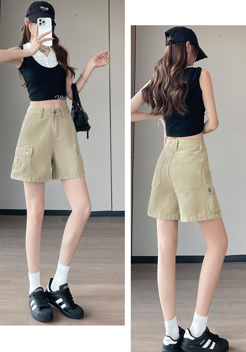 Women's High-Waist Cargo Denim Shorts – Loose Fit A-Line Utility Shorts with Side Pockets